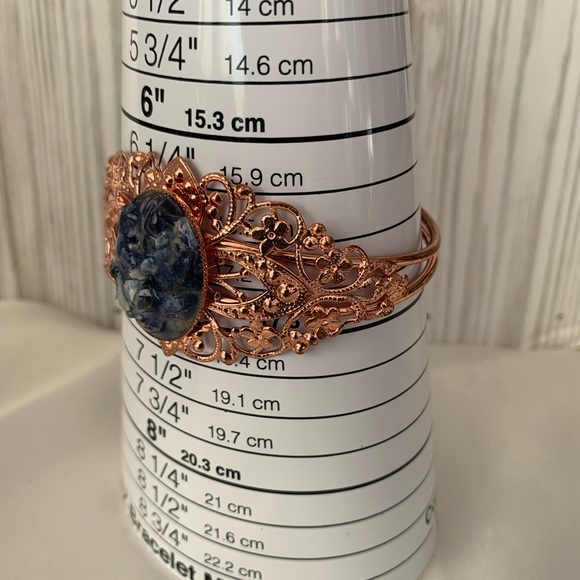 Rose Gold Floral Filigree Blue Agate Cuff Bracelet - Picture 8 of 9
